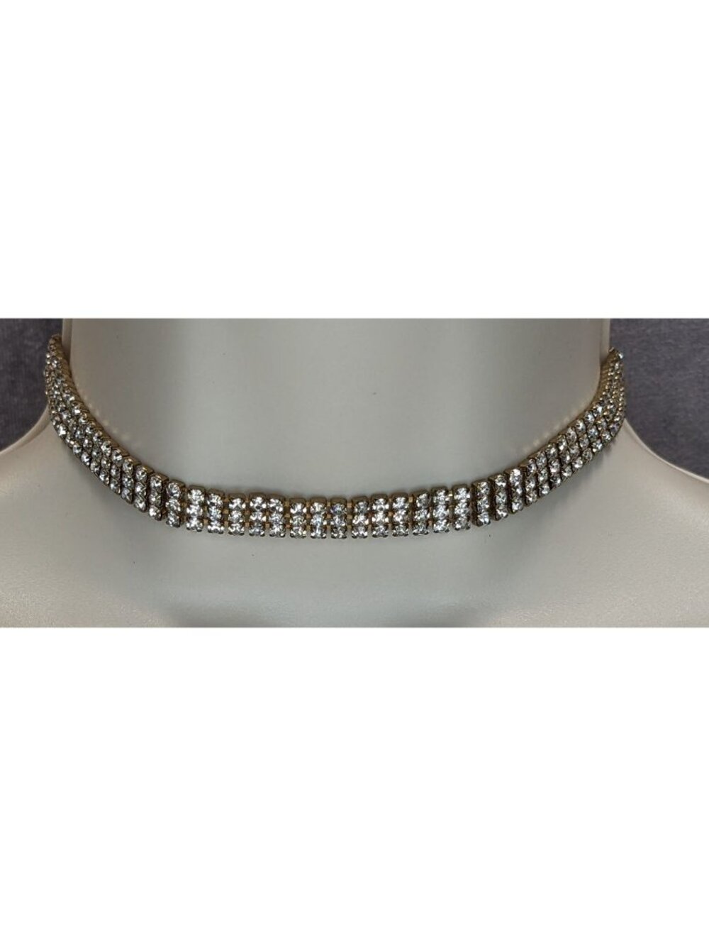 Vintage 3 Layer Rhinestone Choker Necklace Silver Gold Tone Glam Statement Jewel